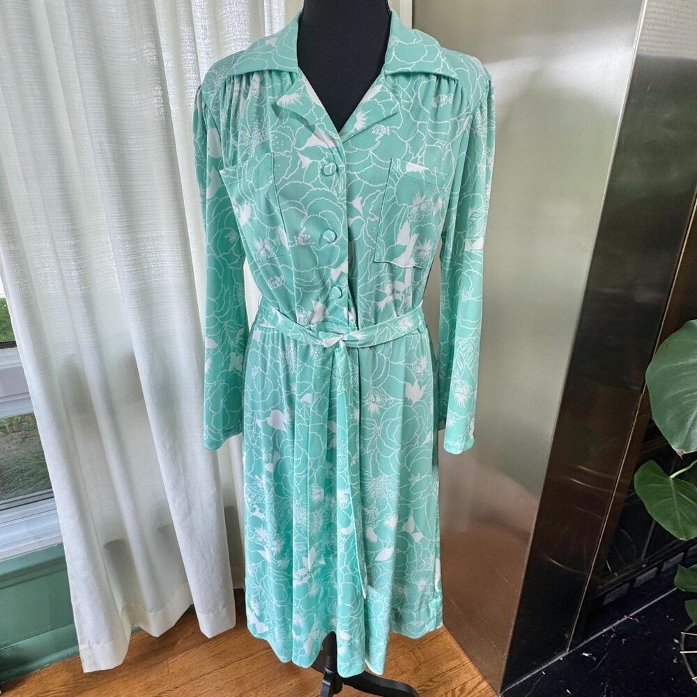 Vintage 80s shirtdress, mint green, white floral, Sears Canada, sewn-in belt tie